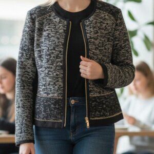 Chico's Black Tweek Jacket Zip Up Gold Hardware Lined Sz 2